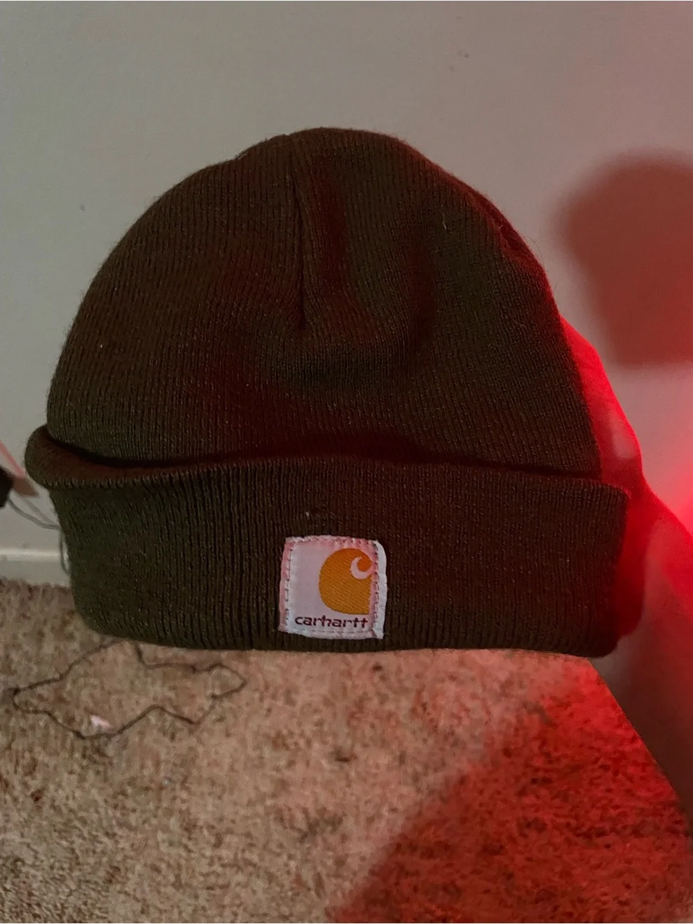Carhartt Dark Olive Ribbed Cuff Beanie with Logo Patch